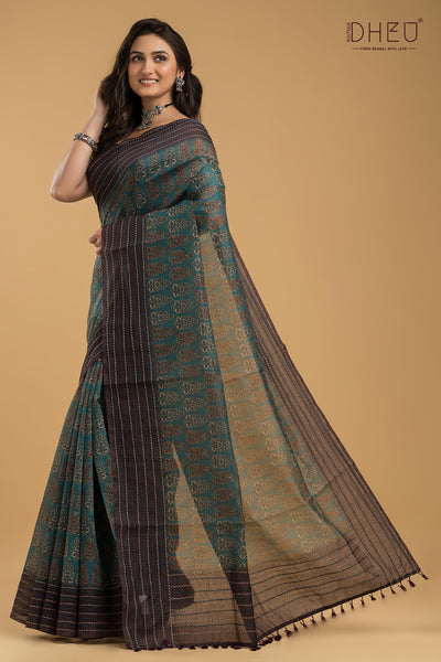 Handloom Silk Kantha Stitch Border Saree