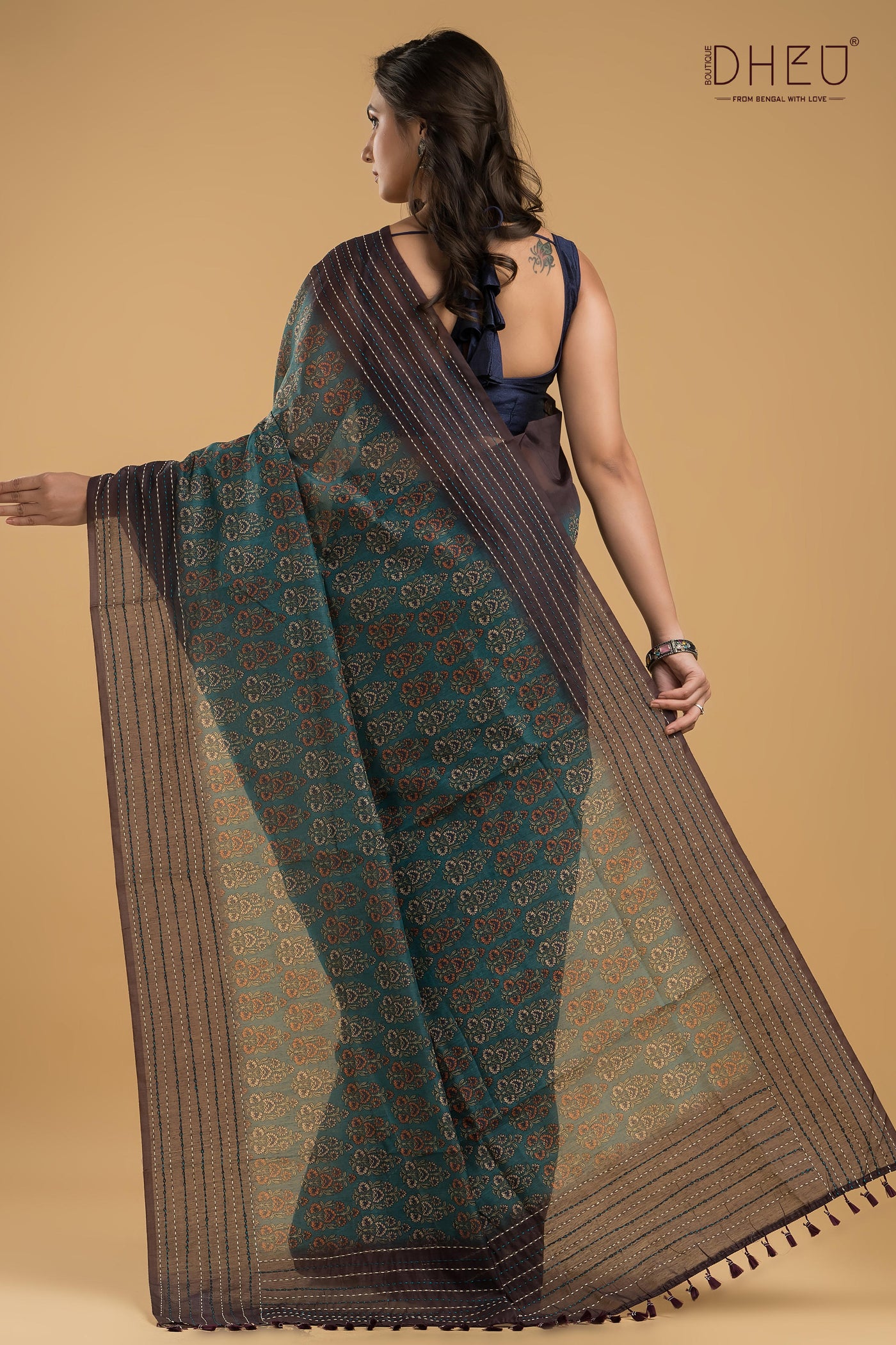 Handloom Silk Kantha Stitch Border Saree