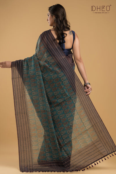 Handloom Silk Kantha Stitch Border Saree