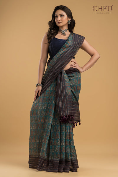 Handloom Silk Kantha Stitch Border Saree