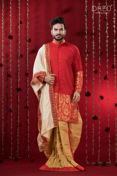 Men's Designer Kurta & Dhoti with Dupatta Set