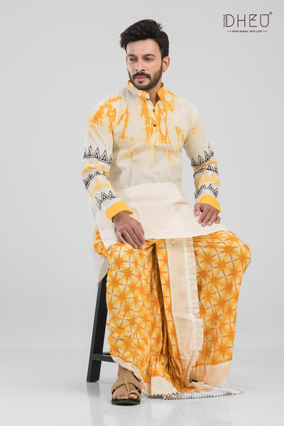 Classic yellow and white kurta with yellow & white designer dhoti from dheu.in