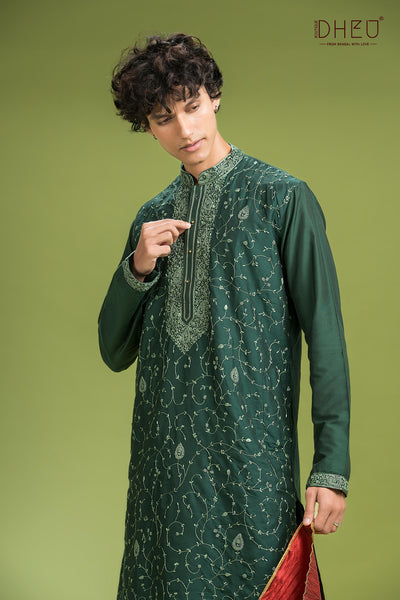 Embroidered Katan Silk Kurta & Dhoti Set