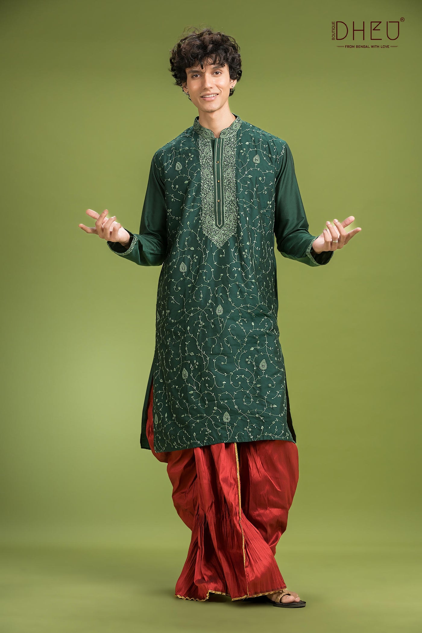 Embroidered Katan Silk Kurta & Dhoti Set