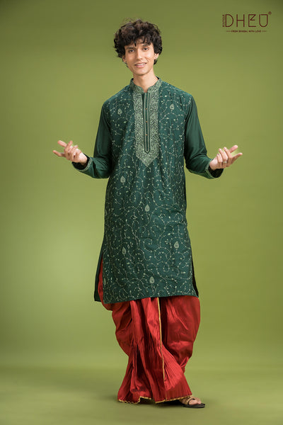 Embroidered Katan Silk Kurta & Dhoti Set