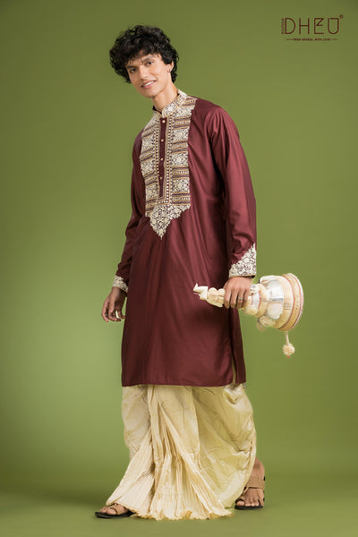 Rajbari Silk Kurta & Dhoti(Optional) Set