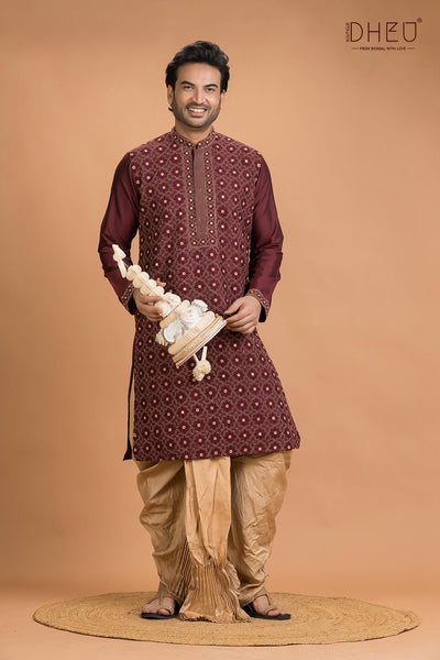 Exclusive Katan Silk Kurta & Dhoti(Optional) Set