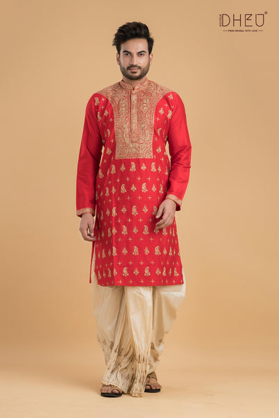 Exclusive Katan Silk Kurta & Dhoti(Optional) Set