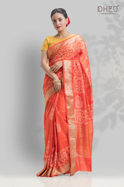 Designer silk batik print saree at lowest price only at dheu.in