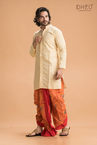 Casual beige and white kurta with multicolour designer dhoti from dheu.in