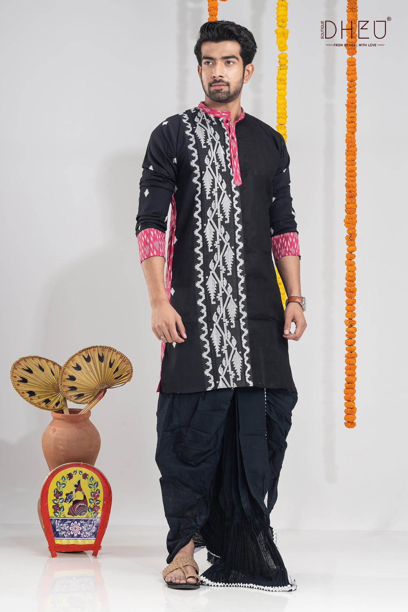 Elegant black kurta with black ready to wear dhoti from dheu.in