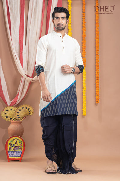 Elegant white & blue kurta with blue ready to wear dhoti from dheu.in