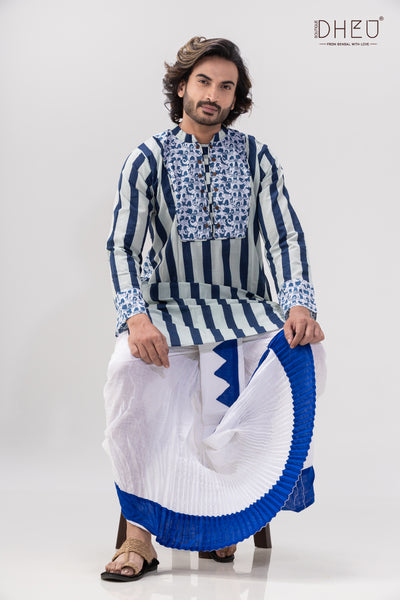 Elegant blue & white kurta with designer dhoti from dheu.in
