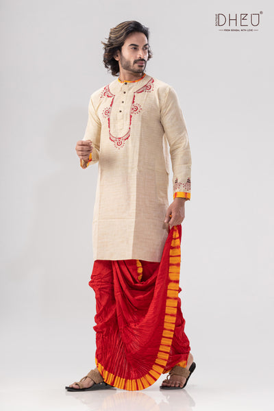 vibrant beige and red kurta with red-yellow  ready to wear dhoti from dheu.in