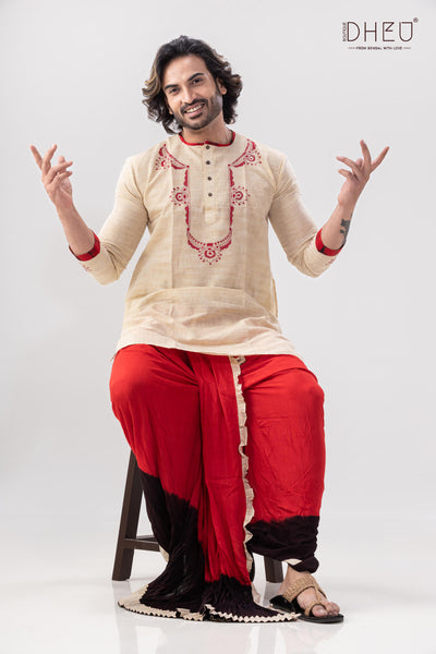 Elegant red and beige kurta with designer dhoti only at dheu.in