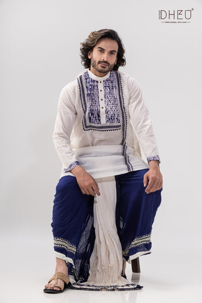 Vibrant white and blue kurta with blue ready to wear dhoti from dheu.in