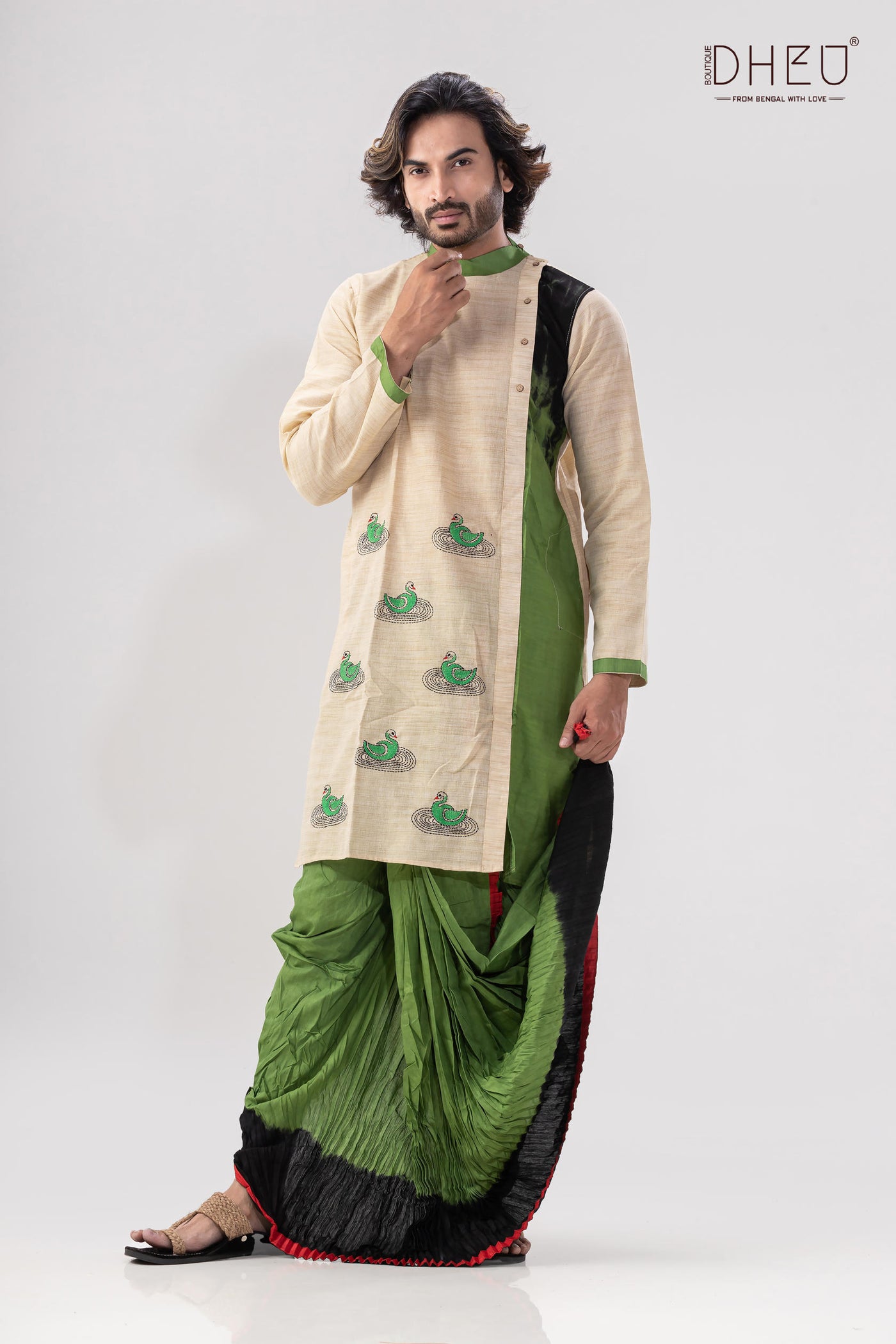 Sophisticate beige & green kurta with green & black designer dhoti from dheu.in