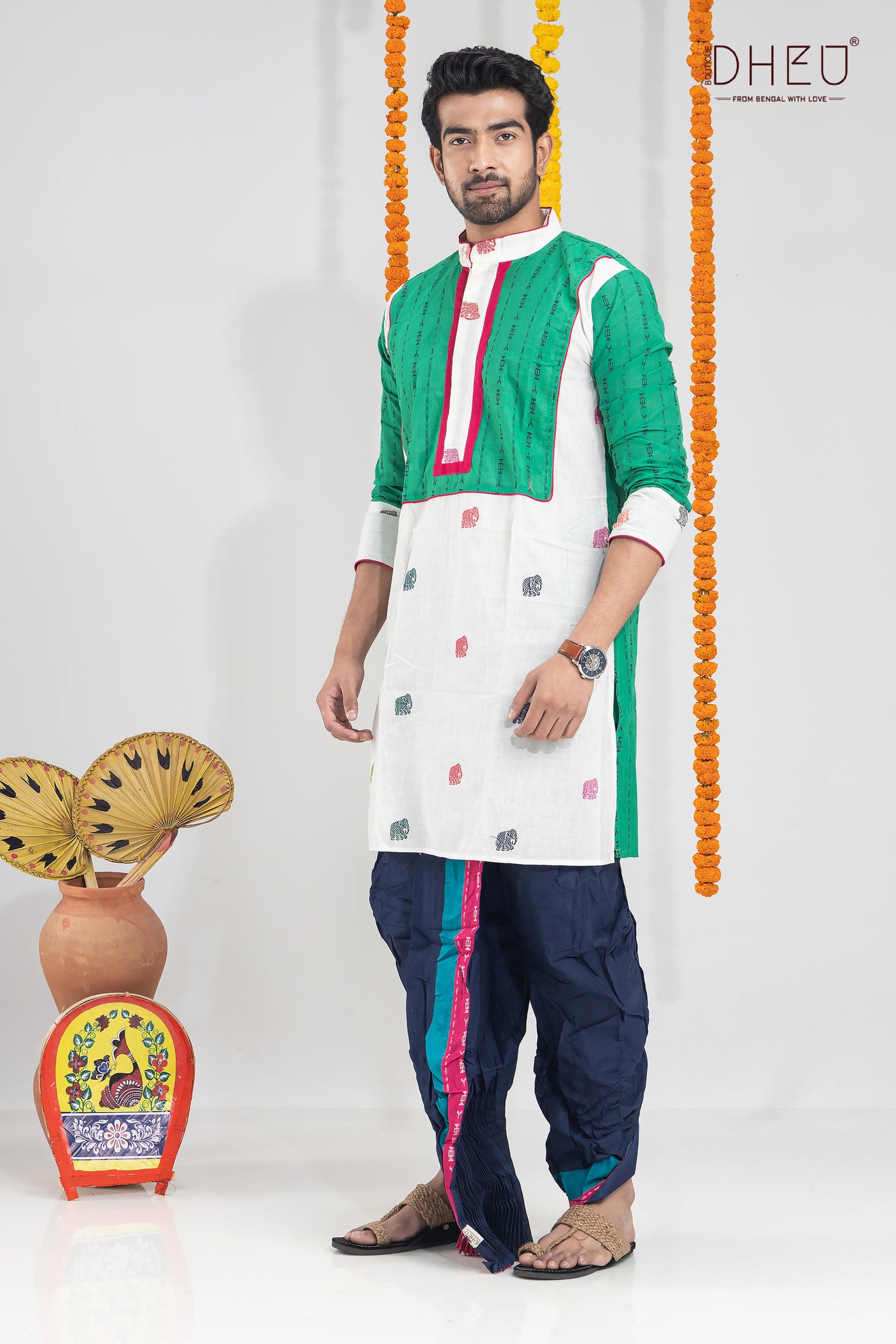Sophisticate green-white kurta with designer black dhoti only at dheu.in