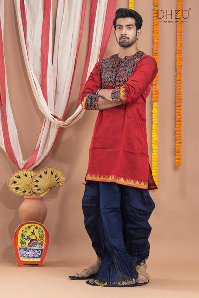 Perfect red kurta with blue ready to wear dhoti from dheu.in