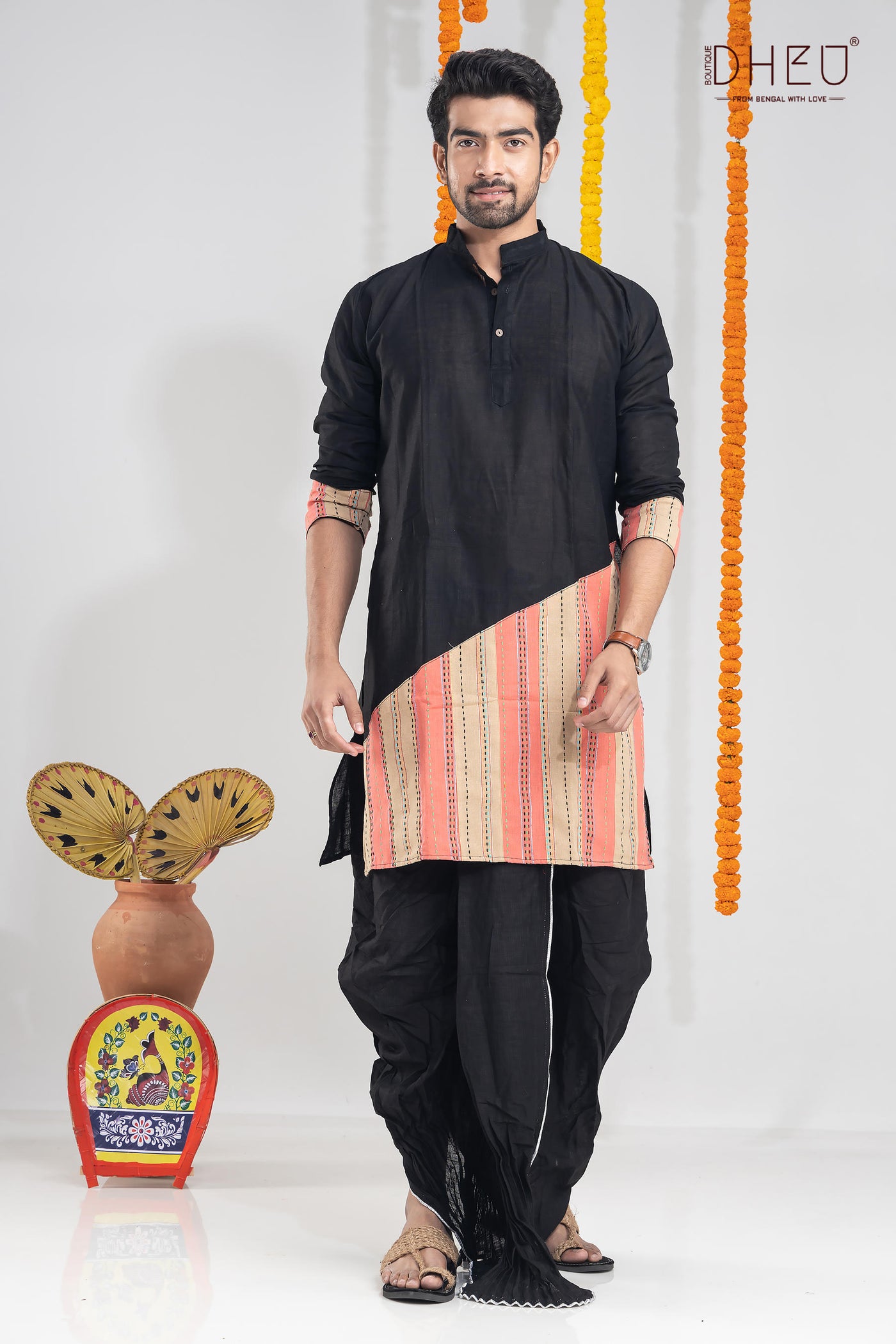 Elegant black kurta with black ready to wear dhoti from dheu.in