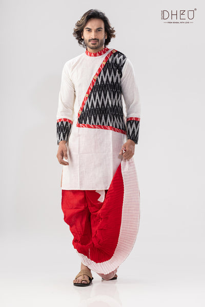 Elegant white & black kurta with red- white ready to wear dhoti from dheu.in
