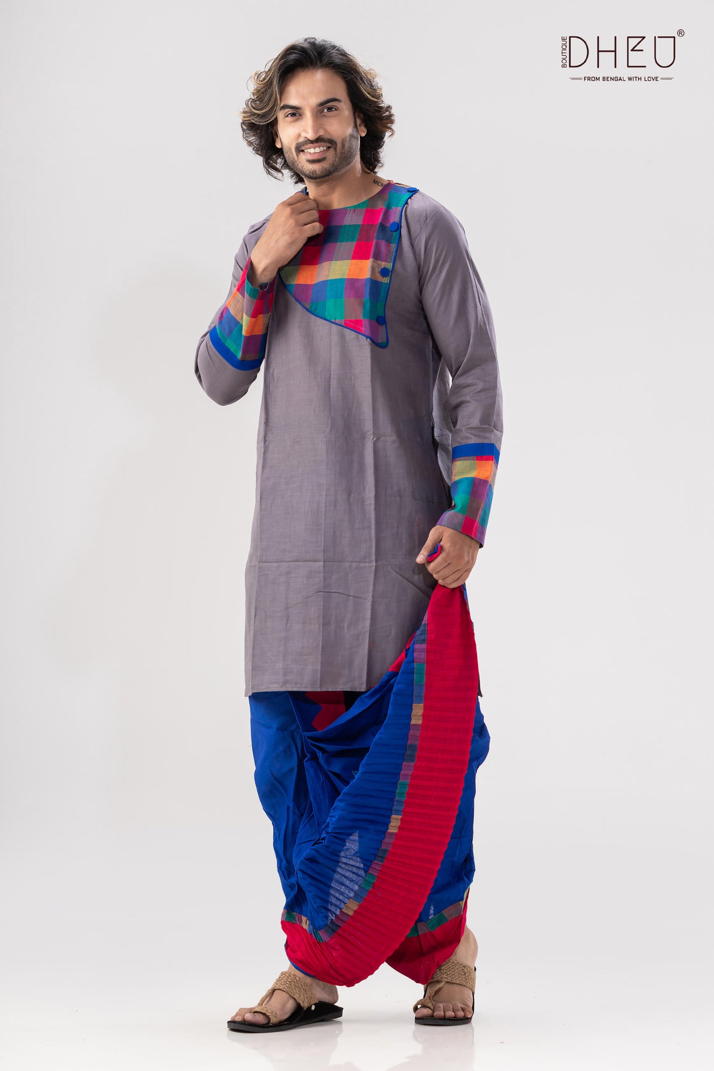 Classic grey kurta with red & blue designer dhoti from dheu.in