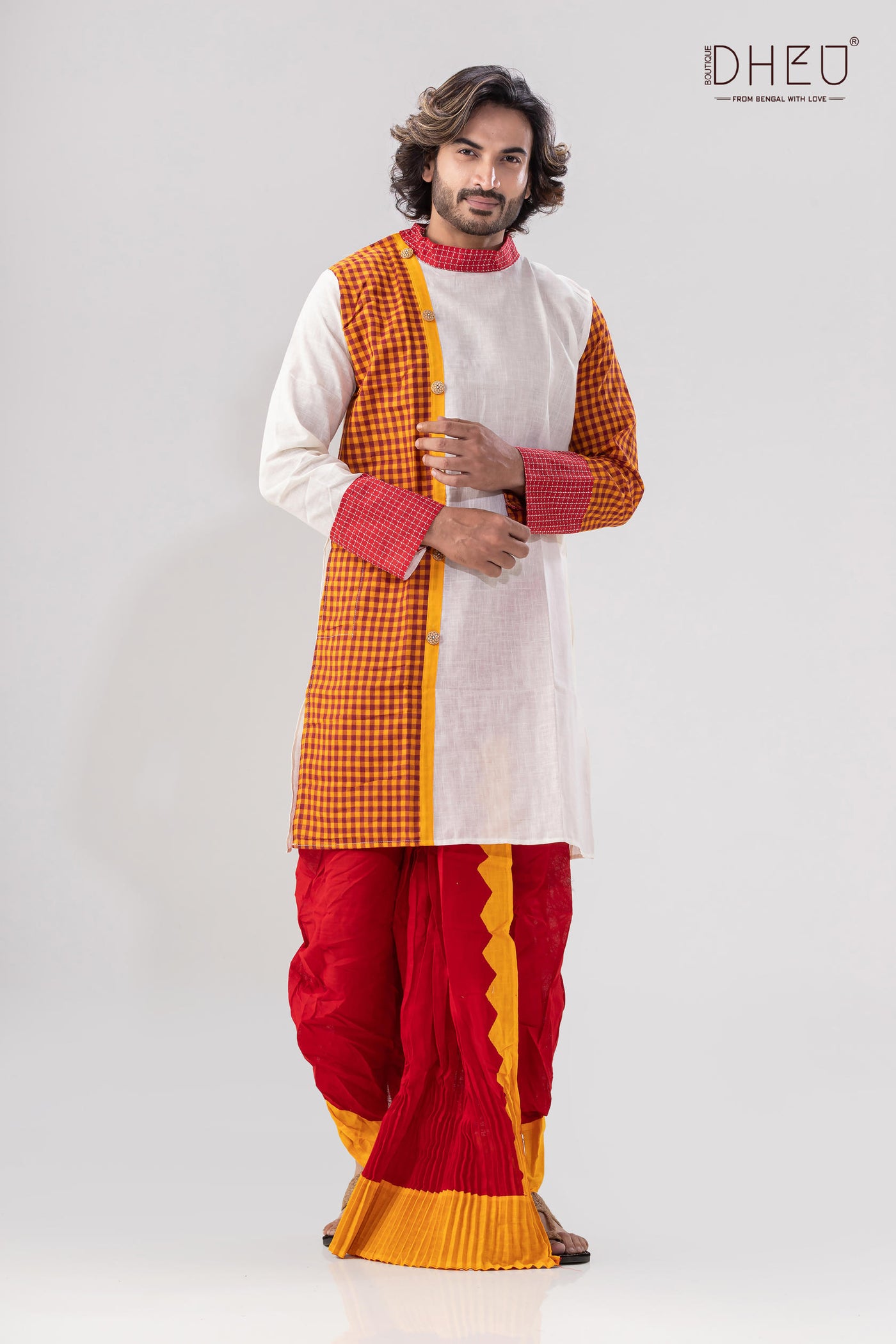 Classic orange white kurta & designer dhoti is perfect to buy from dheu.in
