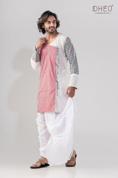 Elegant pink and white kurta with designer dhoti from dheu.in