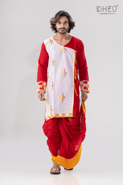 Classic red and white kurta with red & yellow designer dhoti from dheu.in