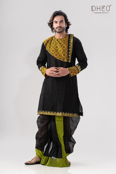 Elegant black and golden yellow kurta with designer dhoti from dheu.in