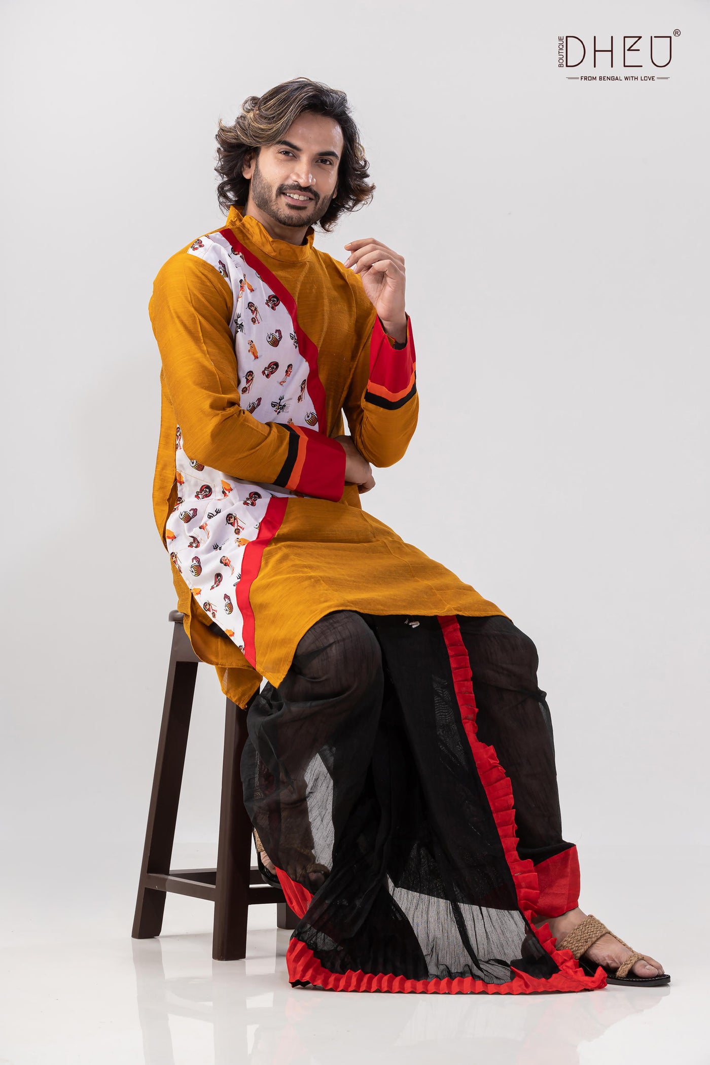 Elegant golden and white kurta with designer dhoti from dheu.in