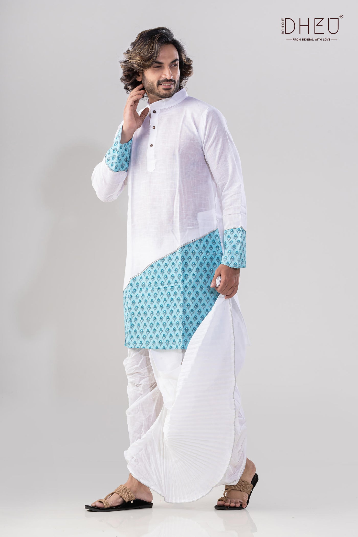 Elegant blue and white kurta with designer dhoti from dheu.in