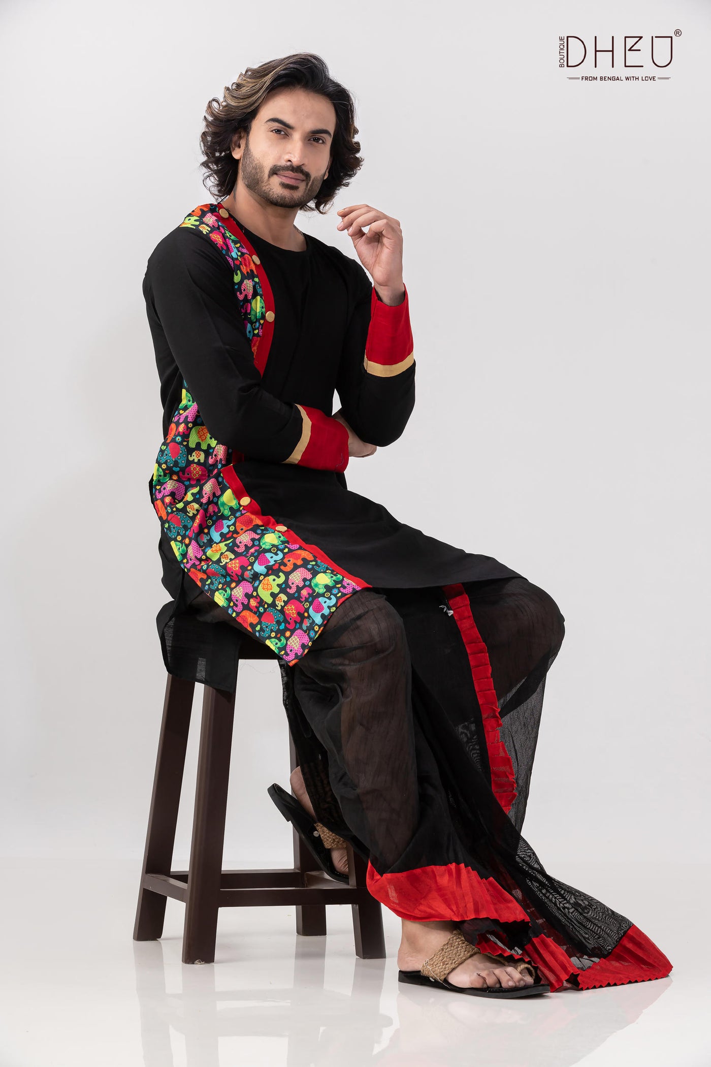Elegant red and black kurta with designer dhoti from dheu.in