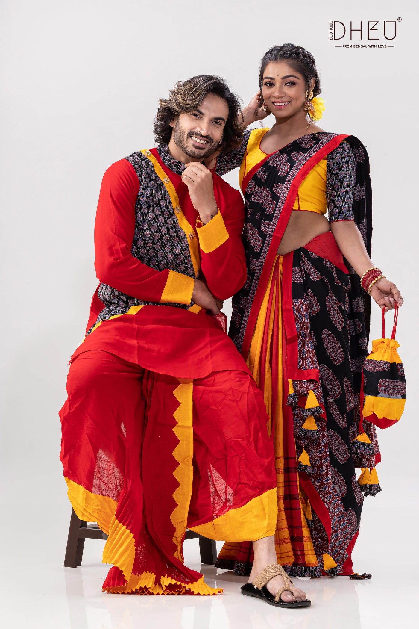 Tasher Ghawr- Designer Mekhela Couple Set