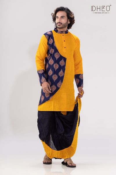 Elegant yellow and black kurta with designer dhoti from dheu.in