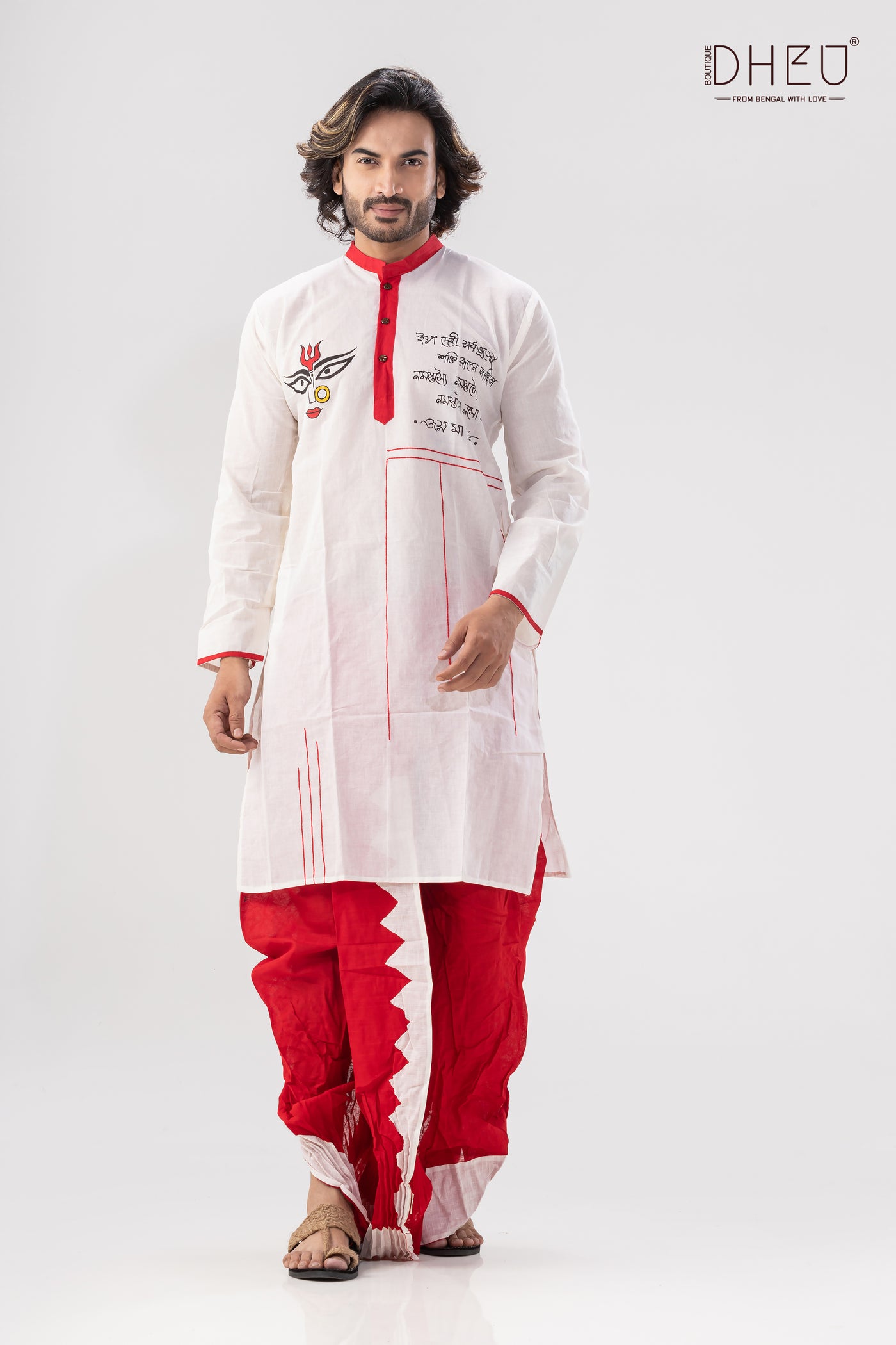 Classic red and white kurta with red & white designer dhoti from dheu.in