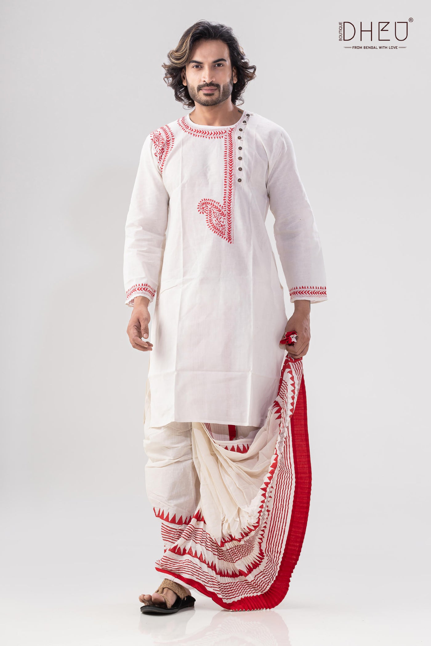 Elegant red and white kurta with designer dhoti from dheu.in