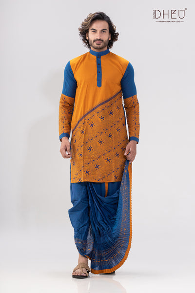 Perfect orange and blue kurta with casual ready to wear dhoti from dheu.in