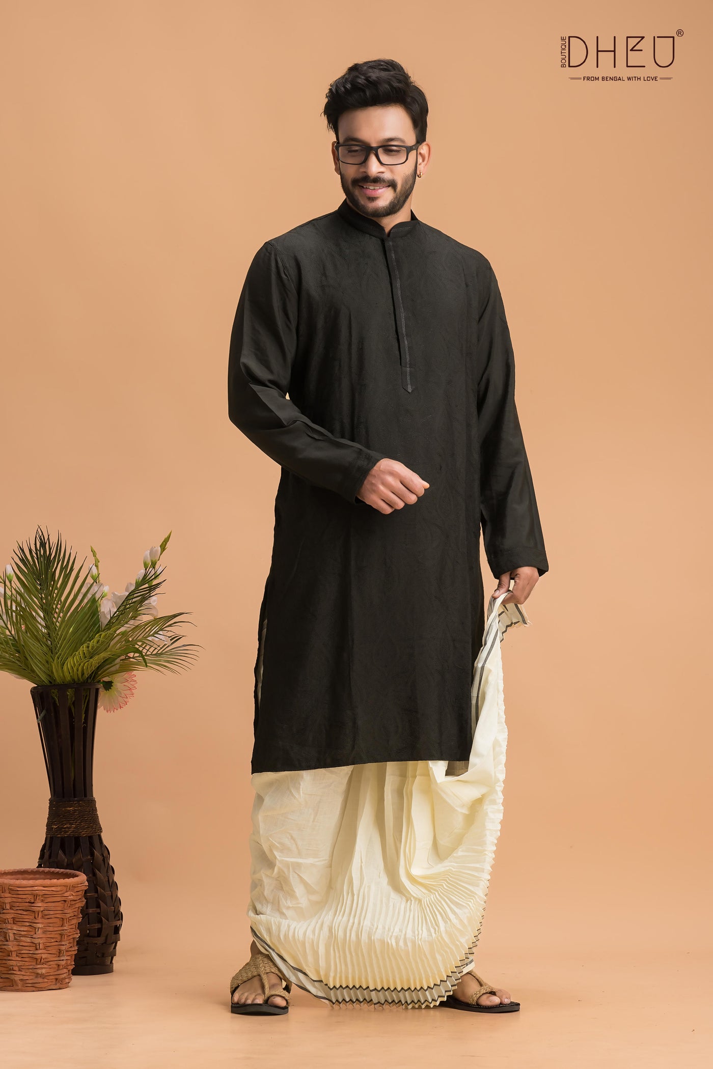 Elegant black kurta with white ready to wear dhoti from dheu.in