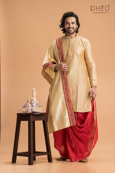 Classic designer beige kurta and designer dhoti only at dheu.in