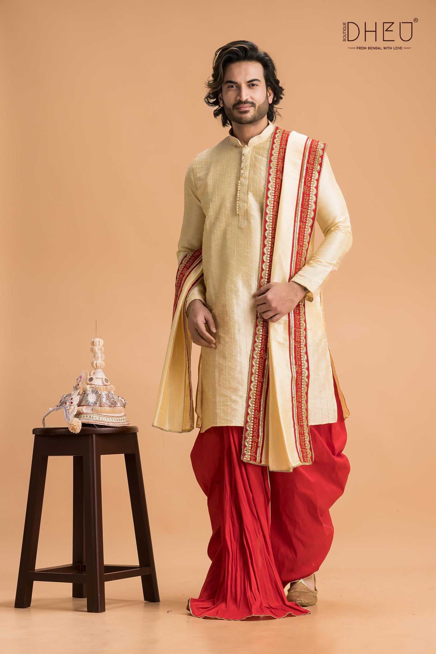 beige kurta with red design from dheu.in