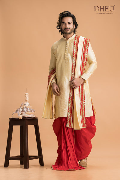 Sophisticate beige kurta with red design from dheu.in