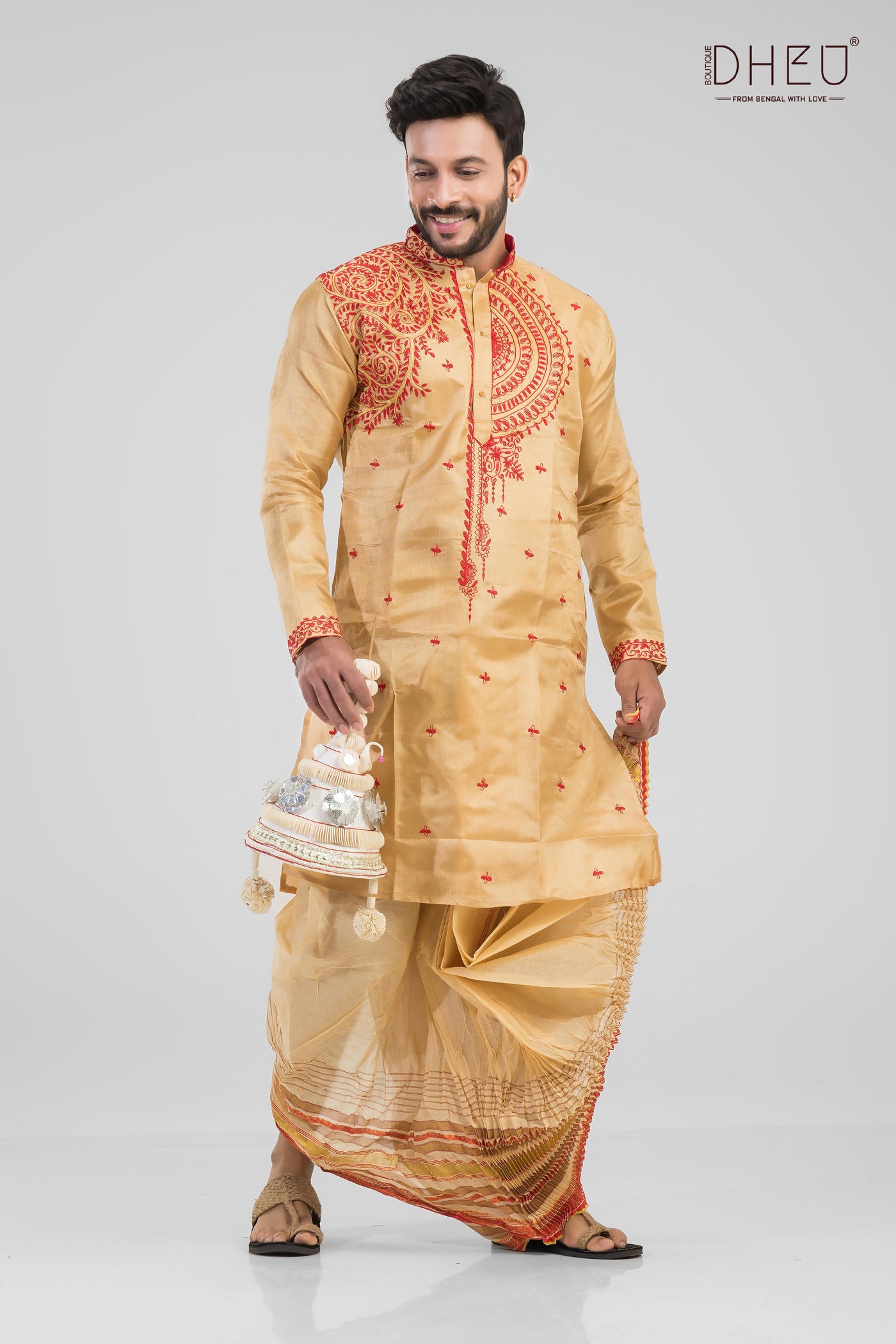 Classic designer beige kurta and dhoti only at dheu.in