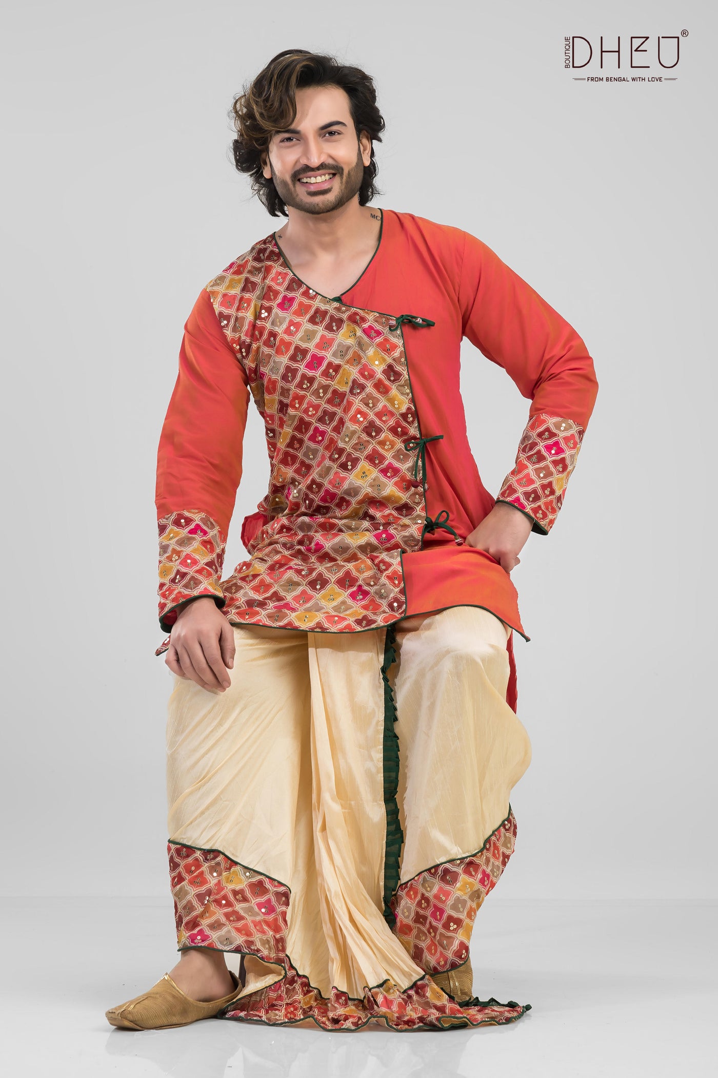 Elegant red  kurta with designer dhoti from dheu.in