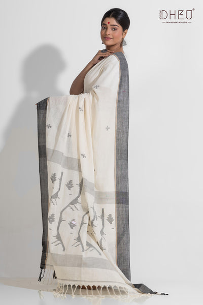Dudhsagar-Pure Khadi Jamdani Cotton Saree