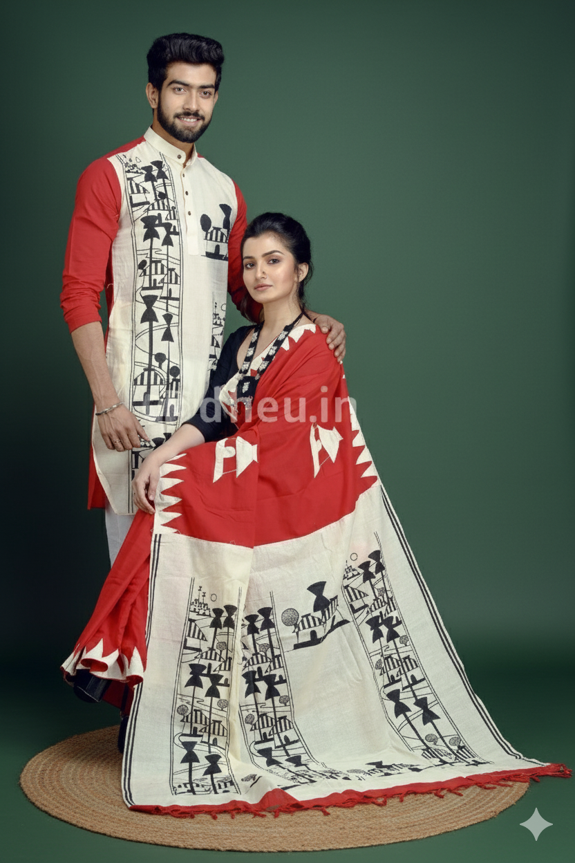 Amader Choto Gram-Cotton Saree Kurta Couple Set