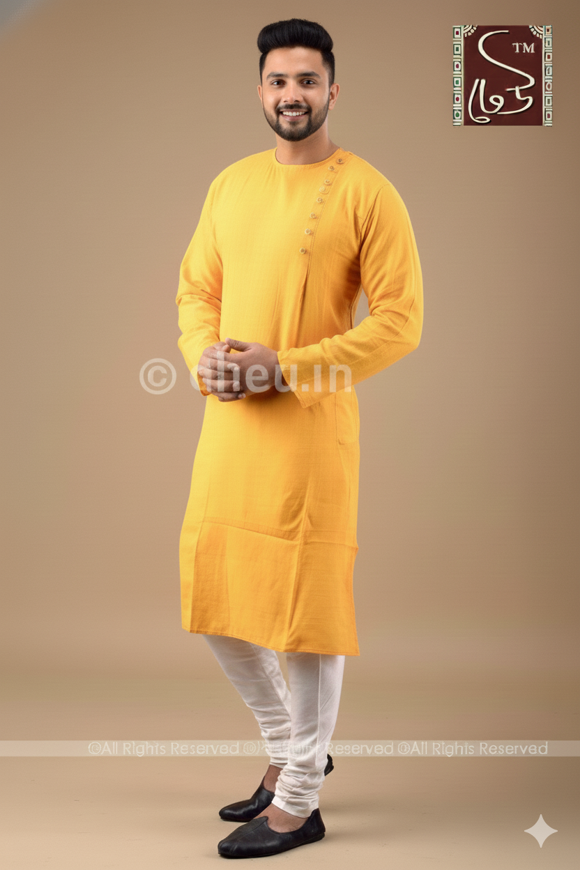 Yellow Cotton  Kurta for Men