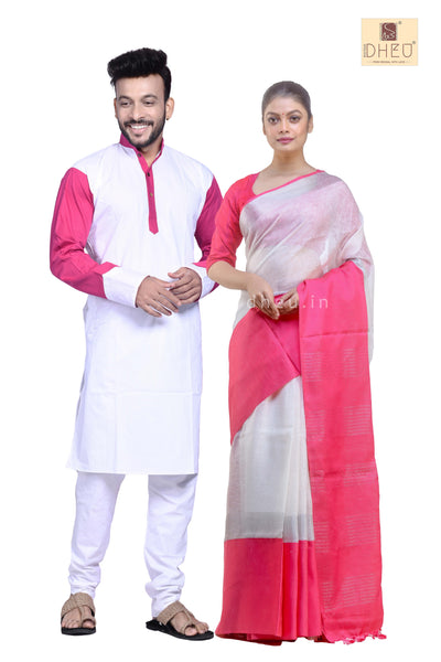 White-Pink Linen Saree-Kurta Couple Set