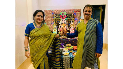 Green-Blue- Handloom Pure Cotton Saree-Kurta Couple Set - Boutique Dheu
