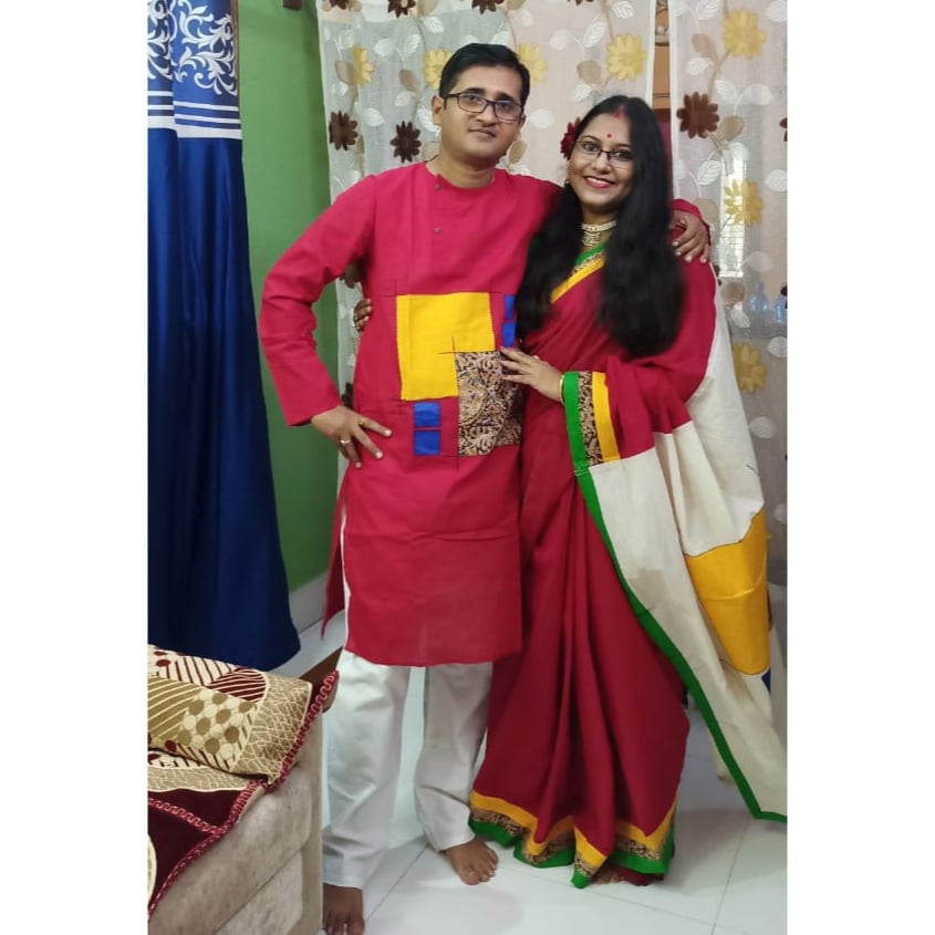 Red Couple-Handloom Pure Cotton Saree-Kurta Couple Set - Boutique Dheu